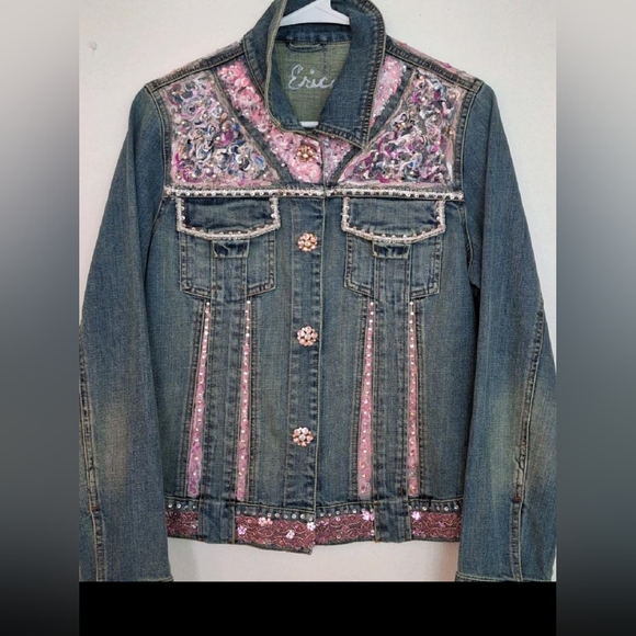 Handpainted denim jacket with rhinestones & rhinestone buttons. - Picture 2 of 3
